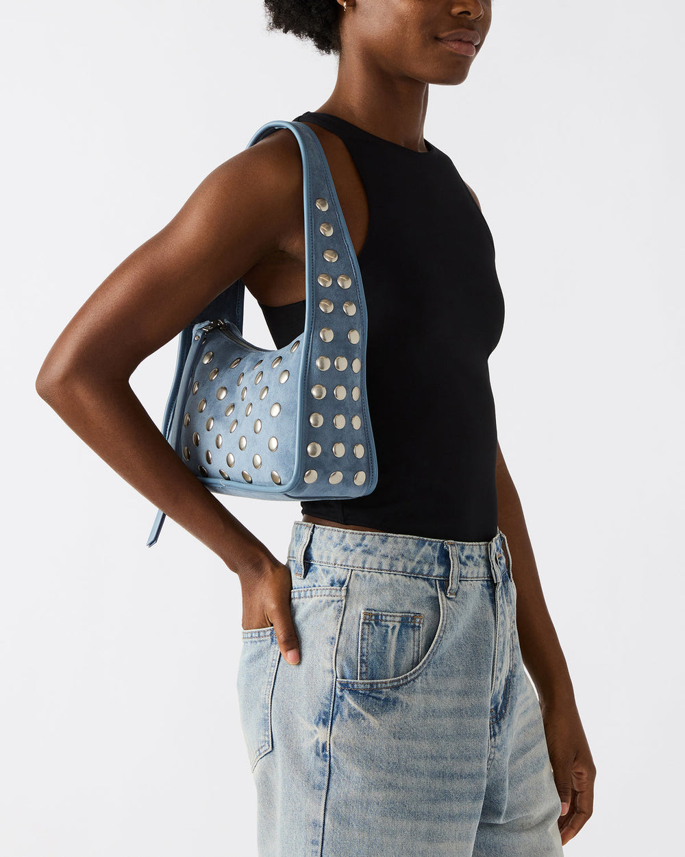 CHEYANN Bag Light Blue Hobo Dome-Studded Shoulder Strap Women's Handbag | Steve Madden Sale