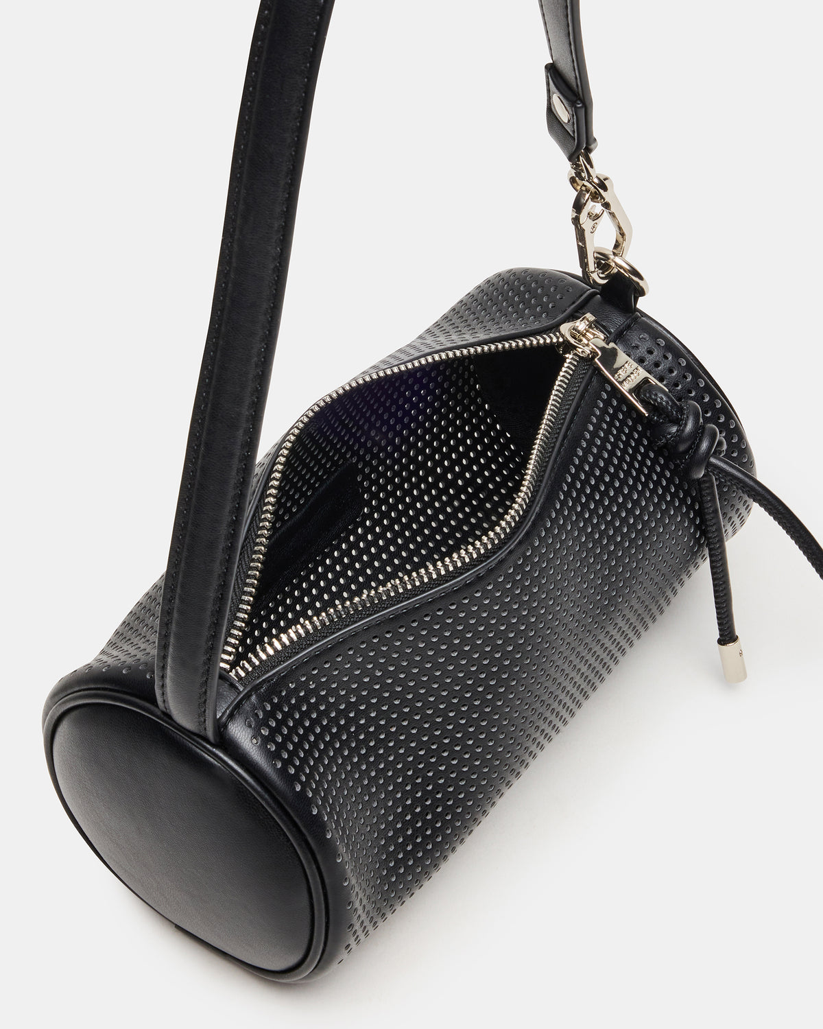 PRIYA Perforated Bag Black Mini Barrel Shoulder Handbag | Steve Madden discount
