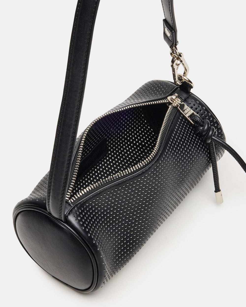 PRIYA Perforated Bag Black Mini Barrel Shoulder Handbag | Steve Madden discount