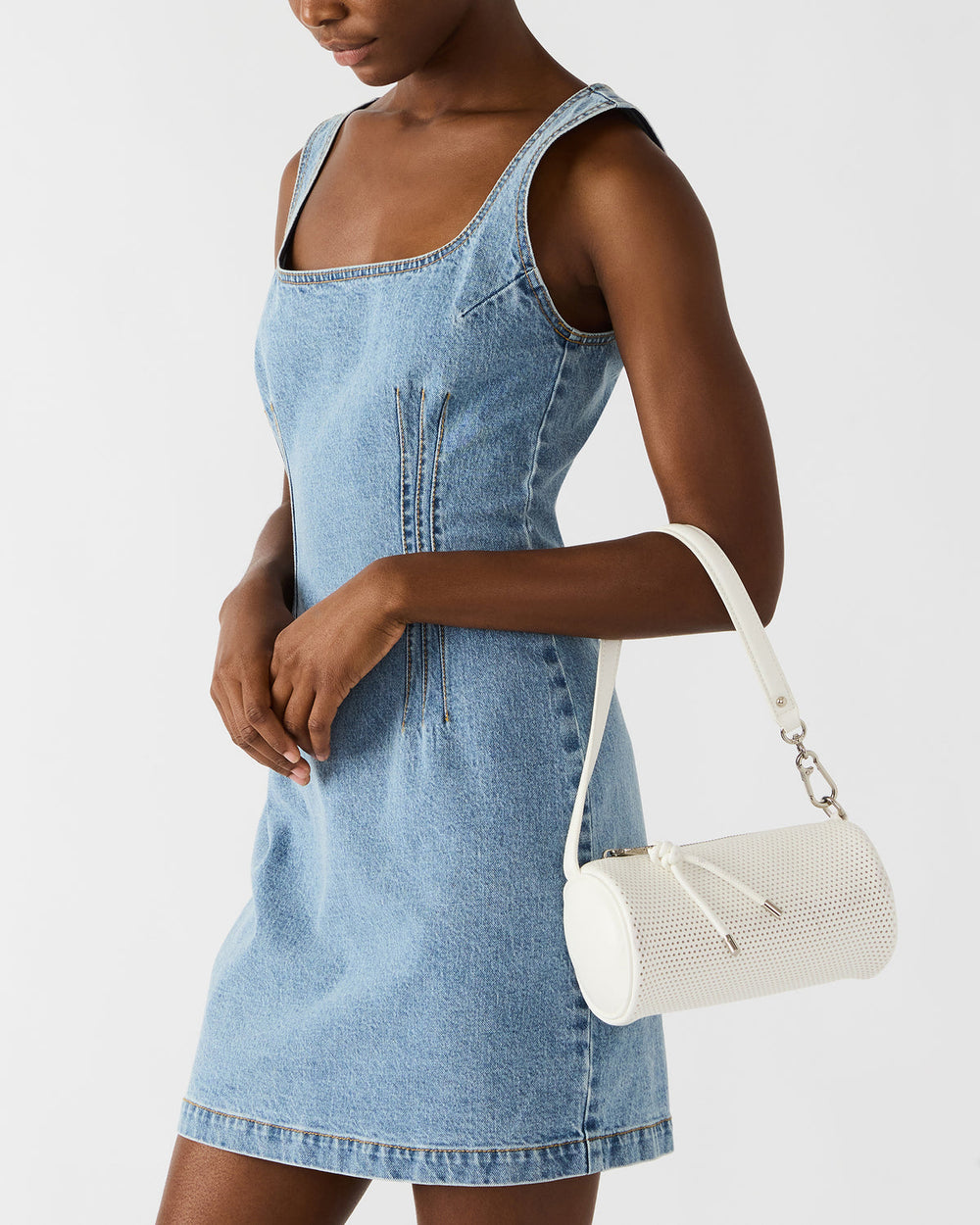 PRIYA Perforated Bag White Mini Barrel Shoulder Handbag | Steve Madden online