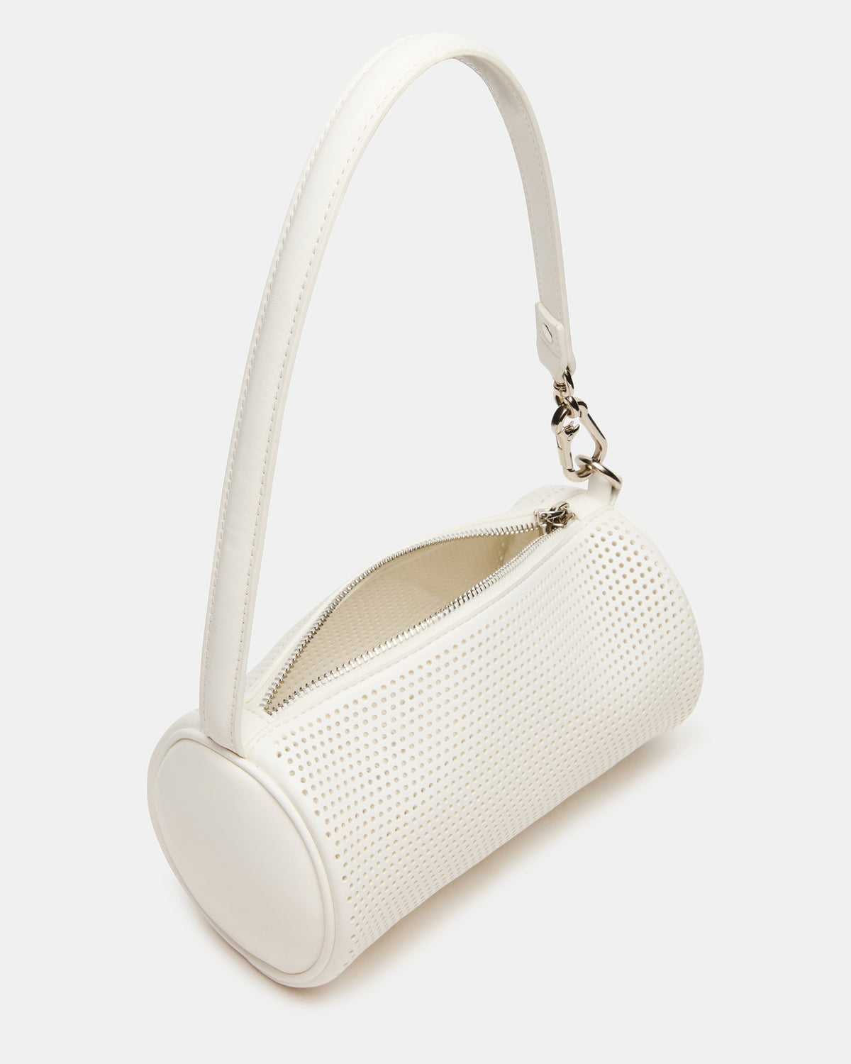 PRIYA Perforated Bag White Mini Barrel Shoulder Handbag | Steve Madden online