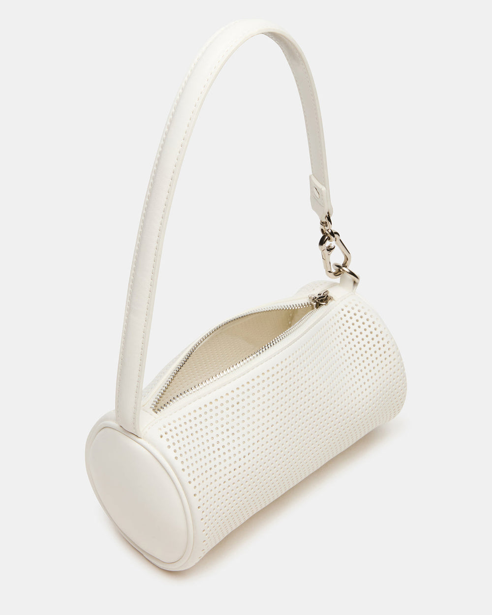 PRIYA Perforated Bag White Mini Barrel Shoulder Handbag | Steve Madden online