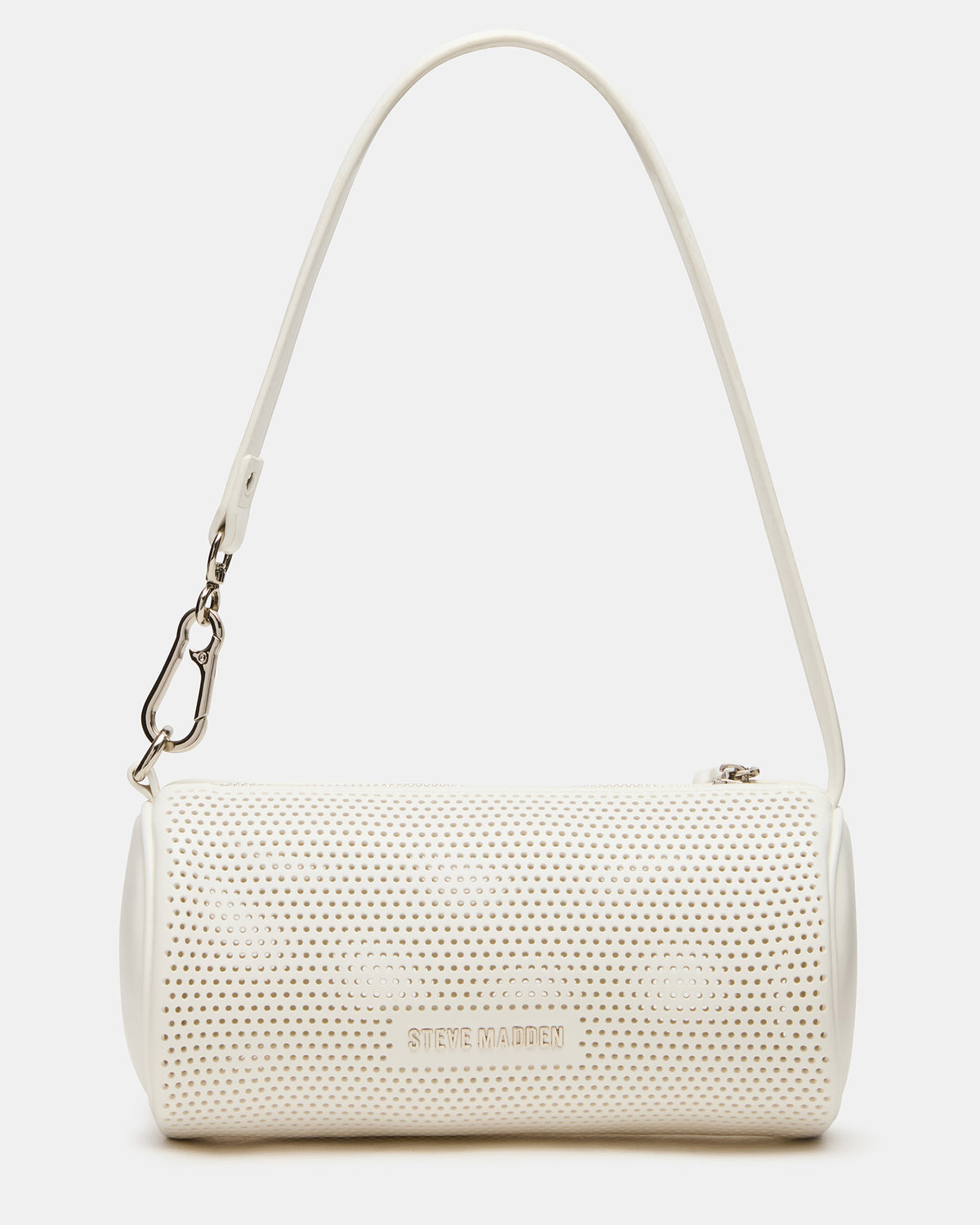 PRIYA Perforated Bag White Mini Barrel Shoulder Handbag | Steve Madden online