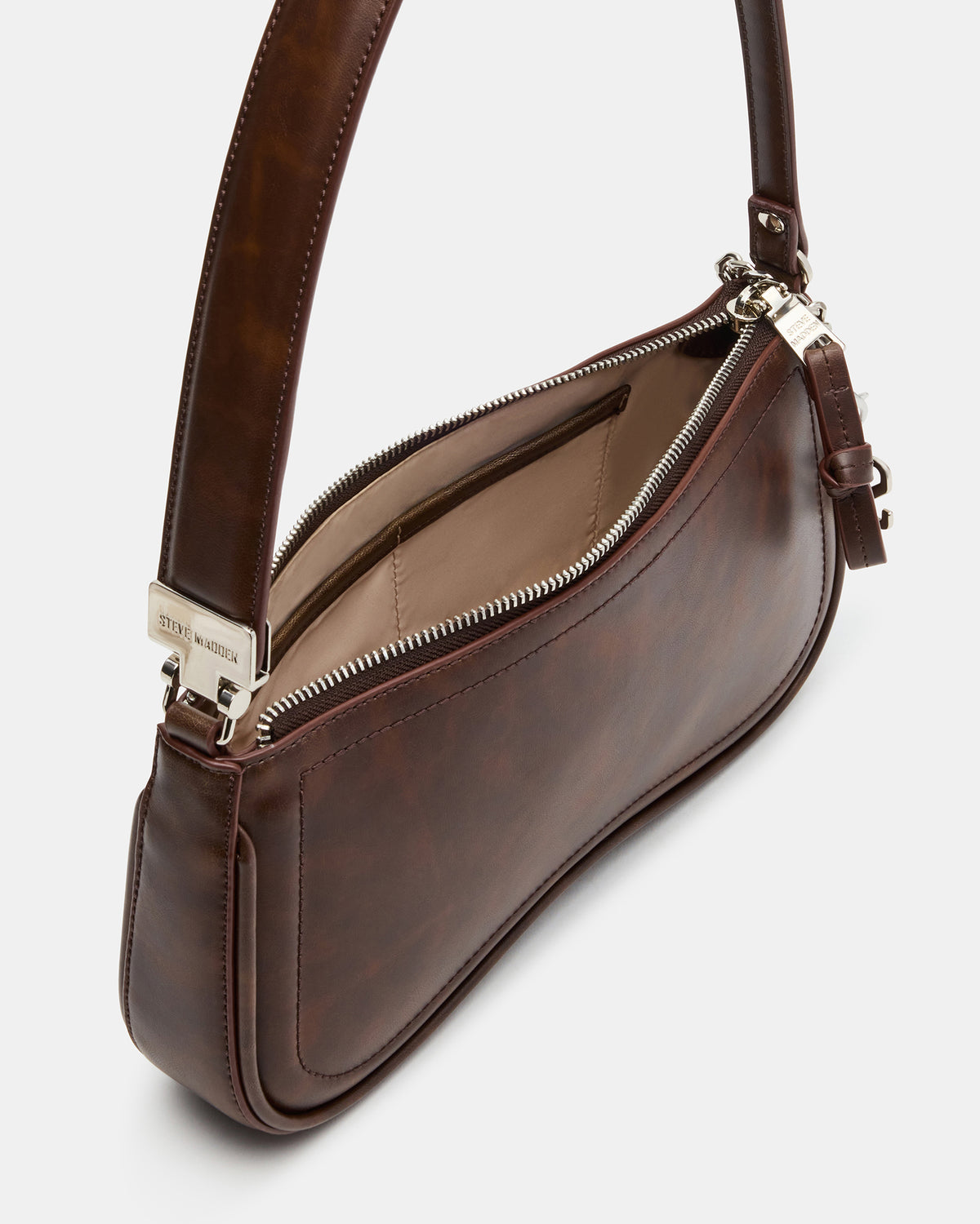 ANGEL Bag Brown Distressed Top-Zipper Structured Shoulder Strap Handbag | Steve Madden US