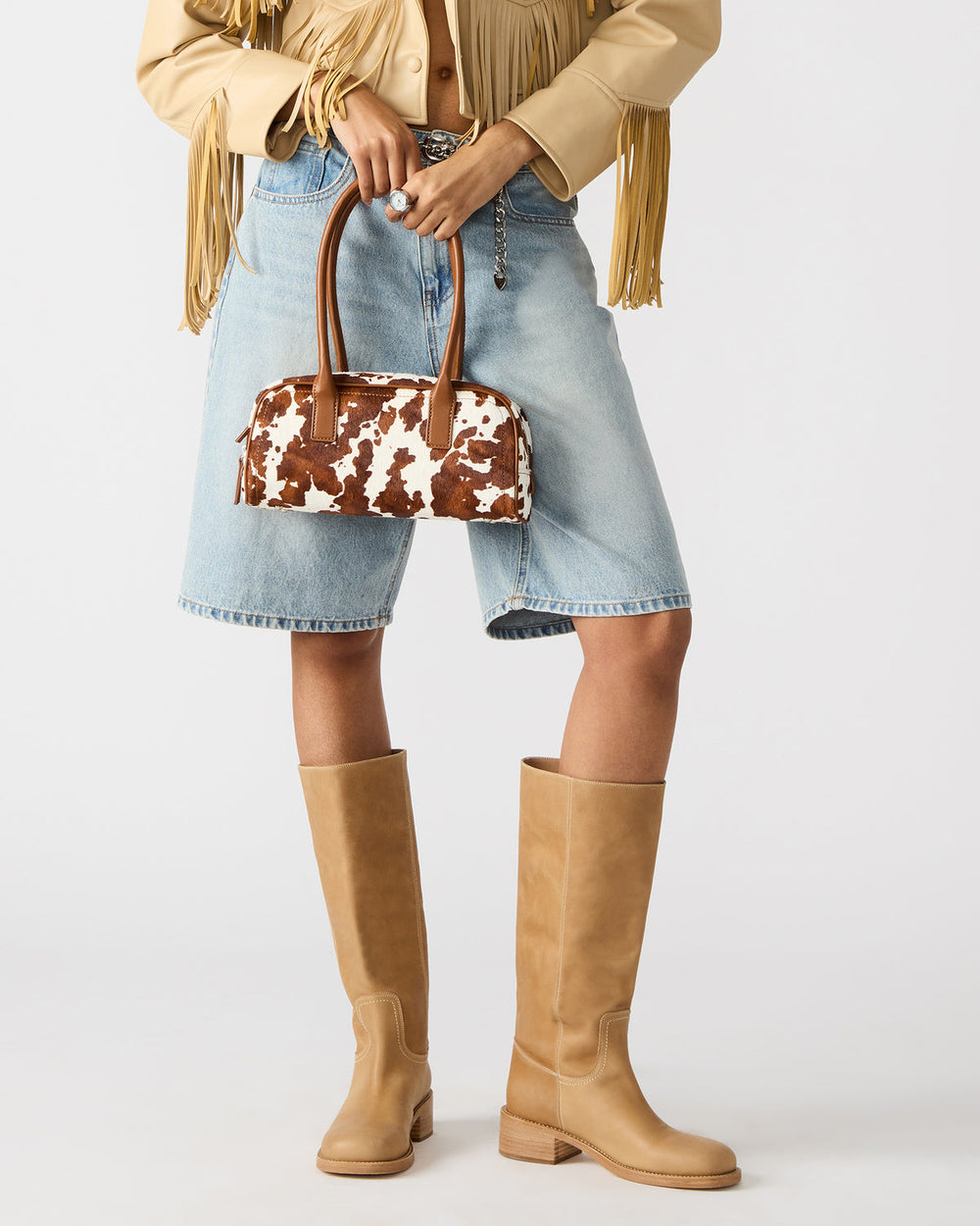 ANISE Bag Brown Cow Print Elongated Shoulder Strap Handbag | Steve Madden near me
