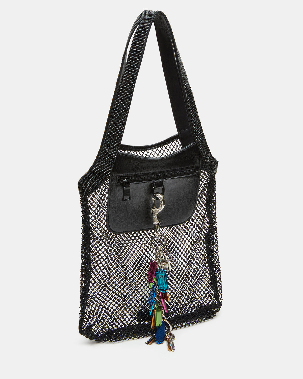 MAKIA Black Women's Crystal Rhinestone Shoulder Strap Net Tote Handbag | Steve Madden online