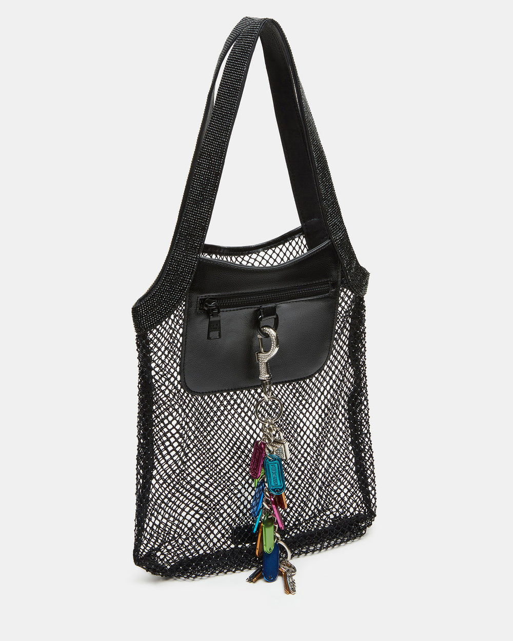 MAKIA Black Women's Crystal Rhinestone Shoulder Strap Net Tote Handbag | Steve Madden online