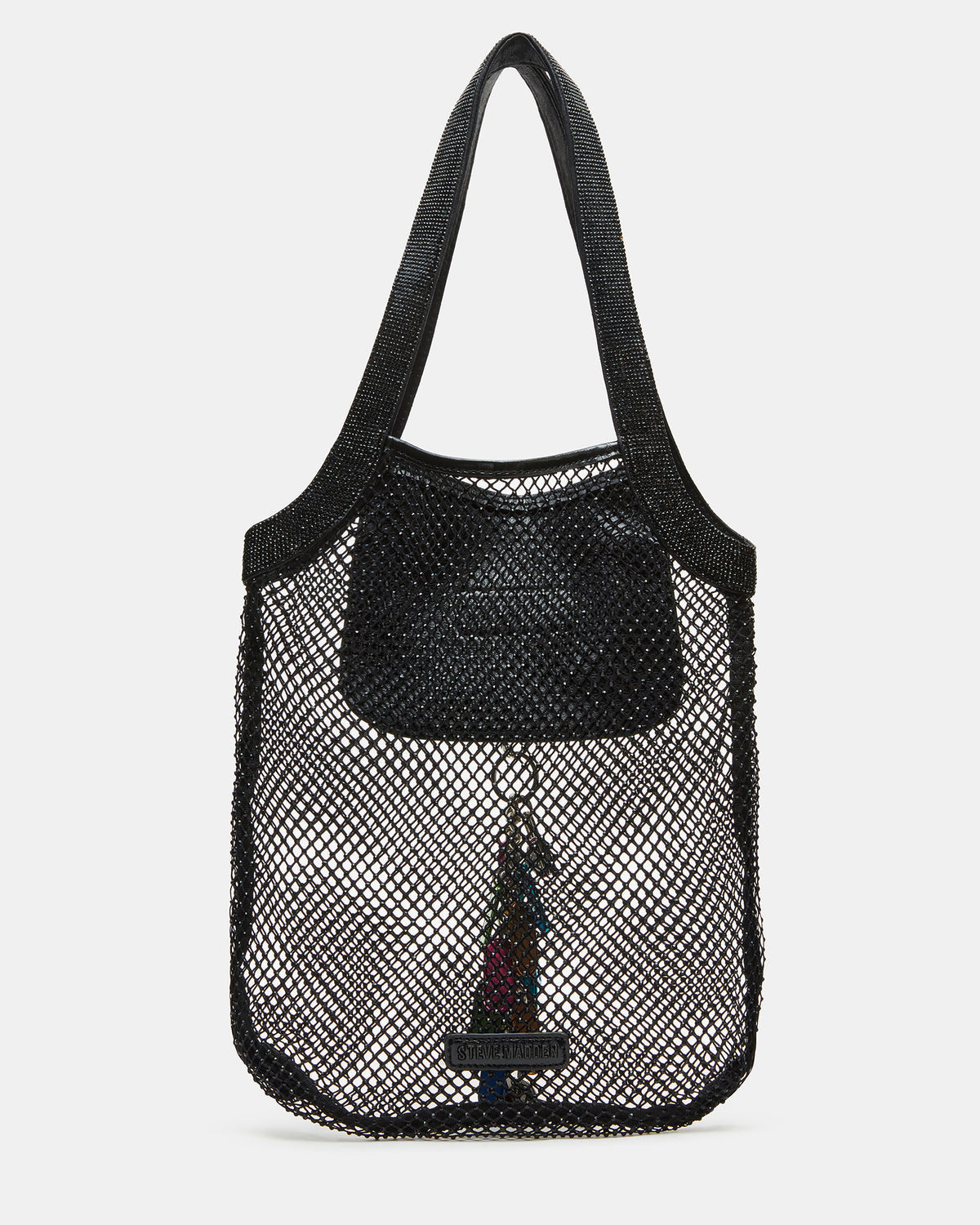 MAKIA Black Women's Crystal Rhinestone Shoulder Strap Net Tote Handbag | Steve Madden online