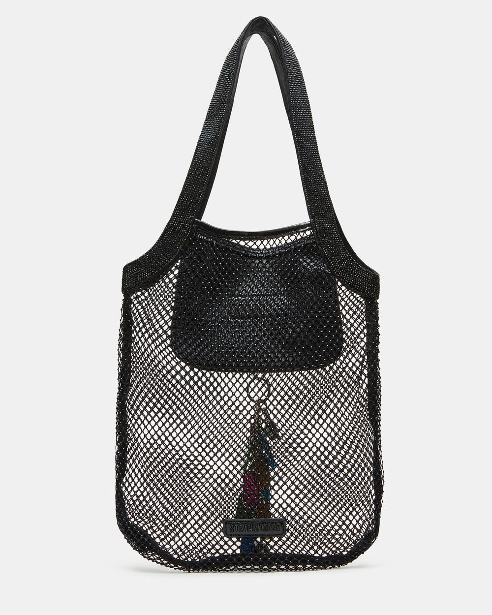MAKIA Black Women's Crystal Rhinestone Shoulder Strap Net Tote Handbag | Steve Madden online