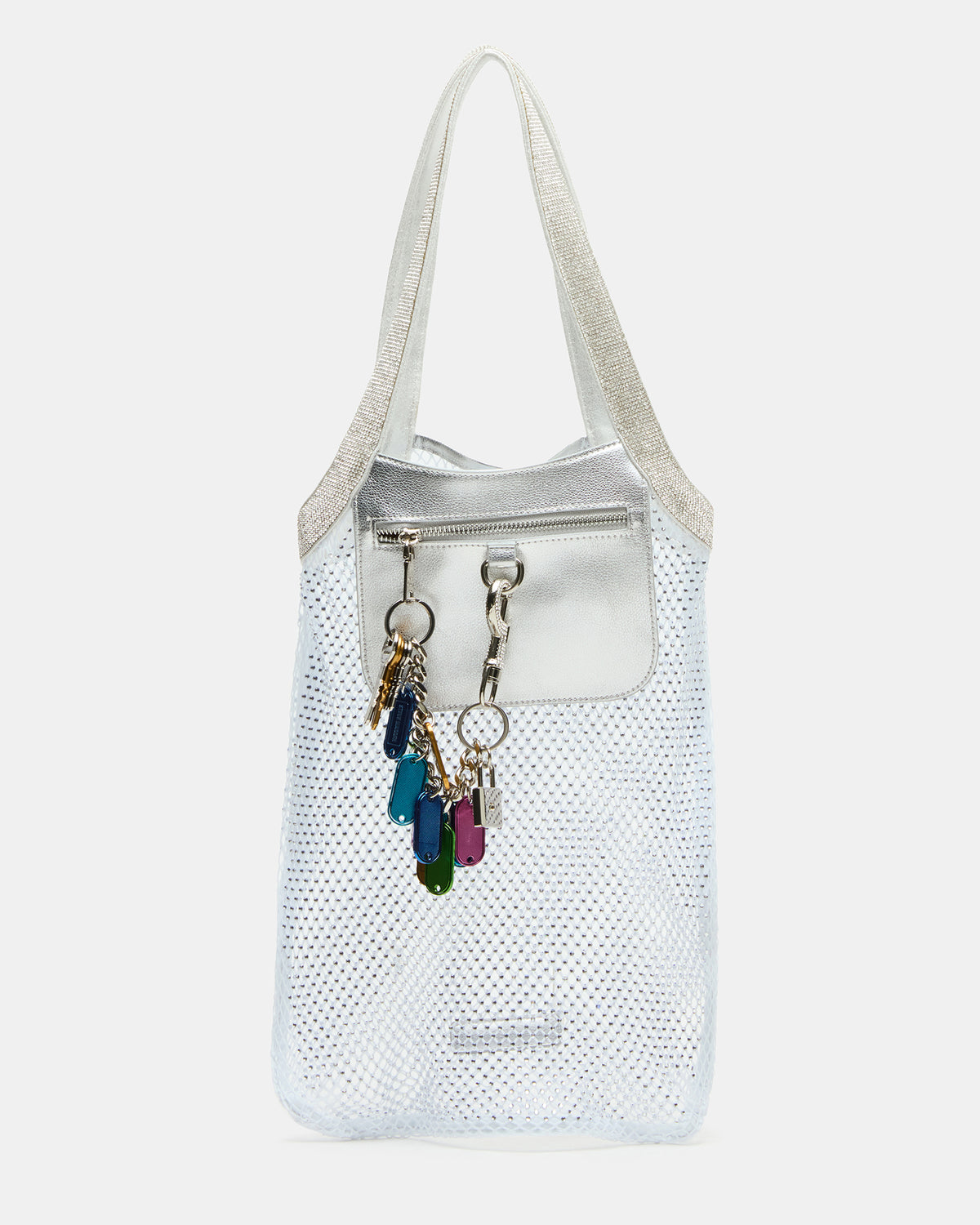 MAKIA White Women's Crystal Rhinestone Shoulder Strap Net Tote Handbag | Steve Madden US