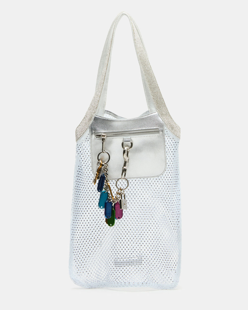 MAKIA White Women's Crystal Rhinestone Shoulder Strap Net Tote Handbag | Steve Madden US