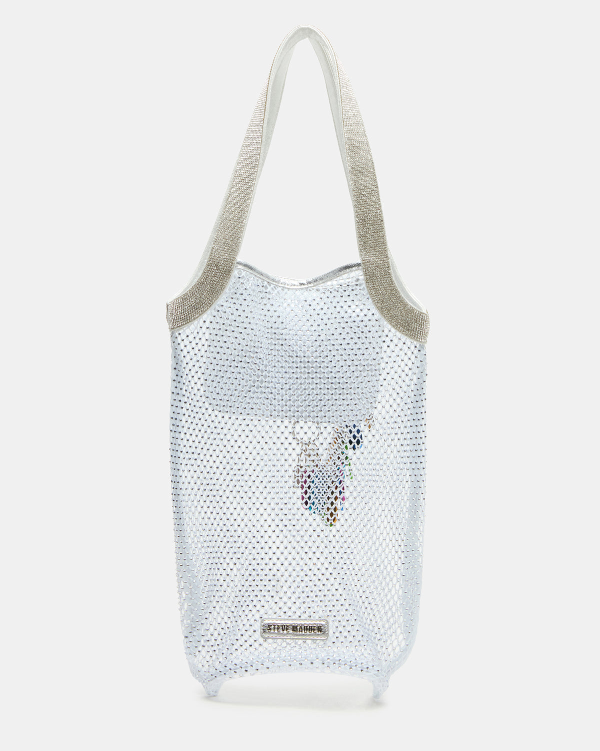 MAKIA White Women's Crystal Rhinestone Shoulder Strap Net Tote Handbag | Steve Madden US