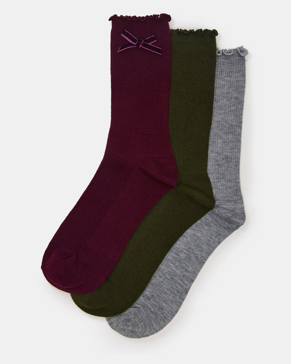 3 PACK FOLLY VELVET BOW RIB CREW SOCKS CHERRY Women's Lettuce Edge Delicate Bow Socks | Steve Madden outlet