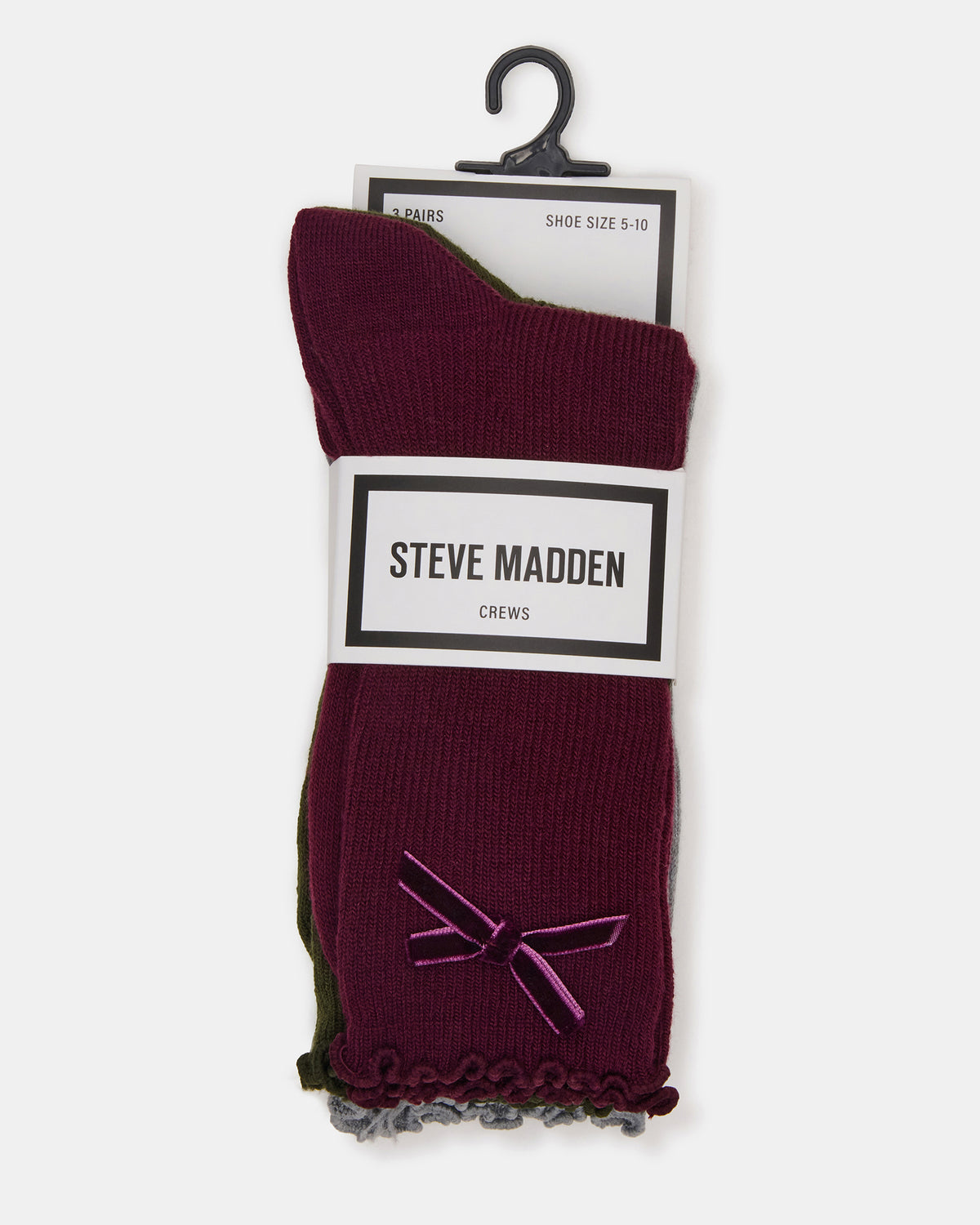3 PACK FOLLY VELVET BOW RIB CREW SOCKS CHERRY Women's Lettuce Edge Delicate Bow Socks | Steve Madden outlet
