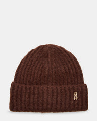 LOGO BEANIE Dark Brown Fuzzy RIbbed Knit Women's Beanie | Steve Madden US