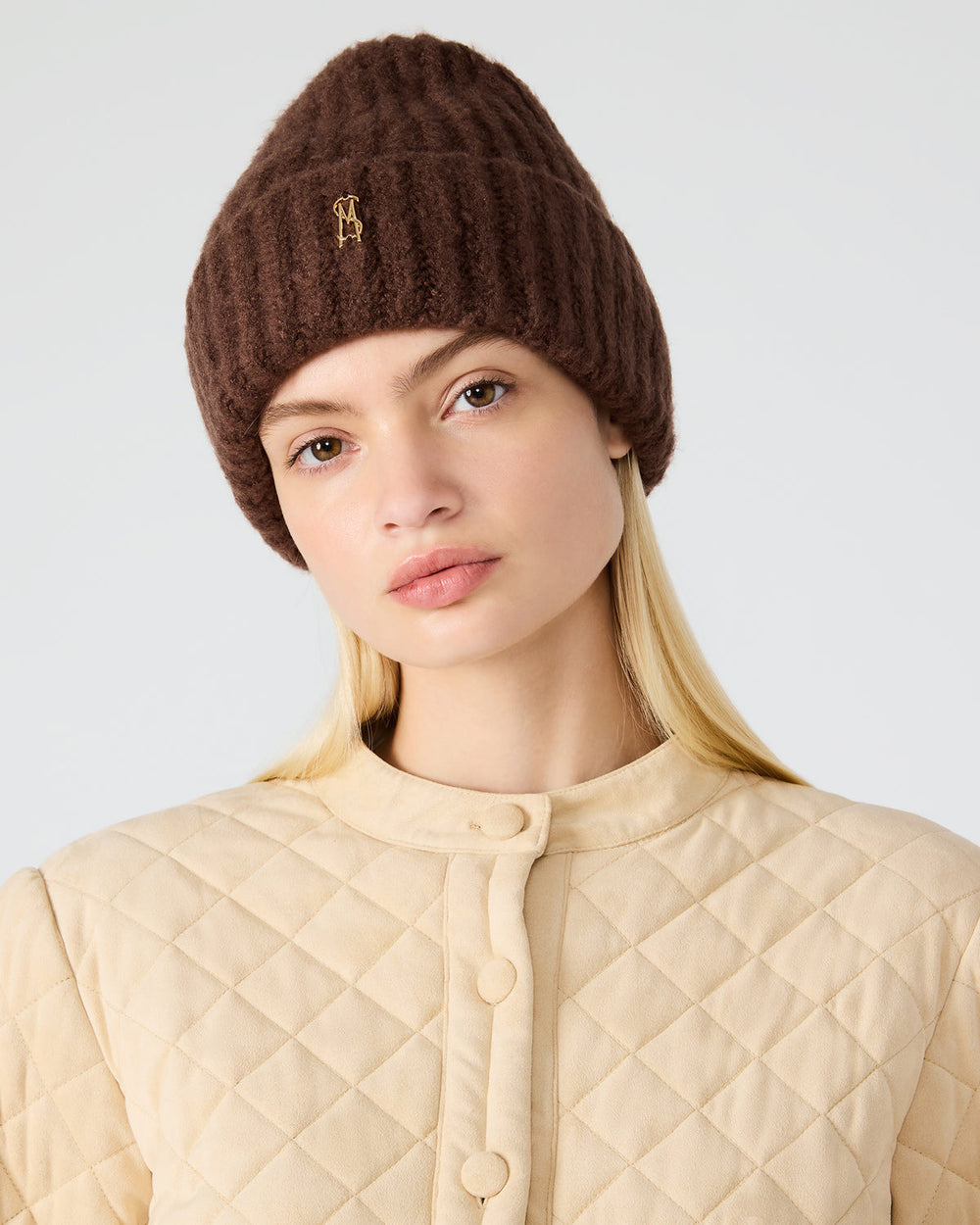 LOGO BEANIE Dark Brown Fuzzy RIbbed Knit Women's Beanie | Steve Madden US