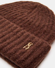 LOGO BEANIE Dark Brown Fuzzy RIbbed Knit Women's Beanie | Steve Madden US