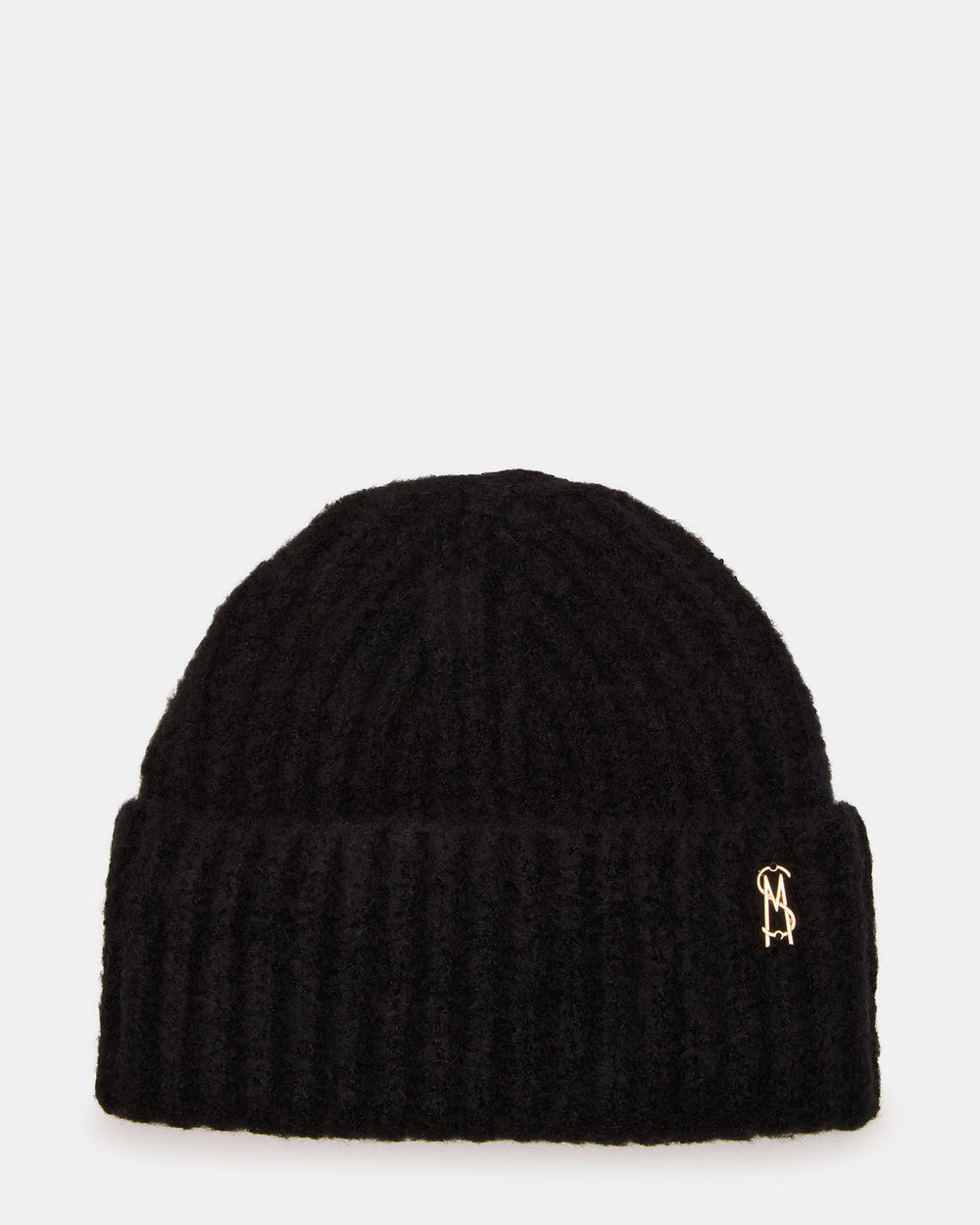LOGO BEANIE Black Fuzzy RIbbed Knit Women's Beanie | Steve Madden outlet