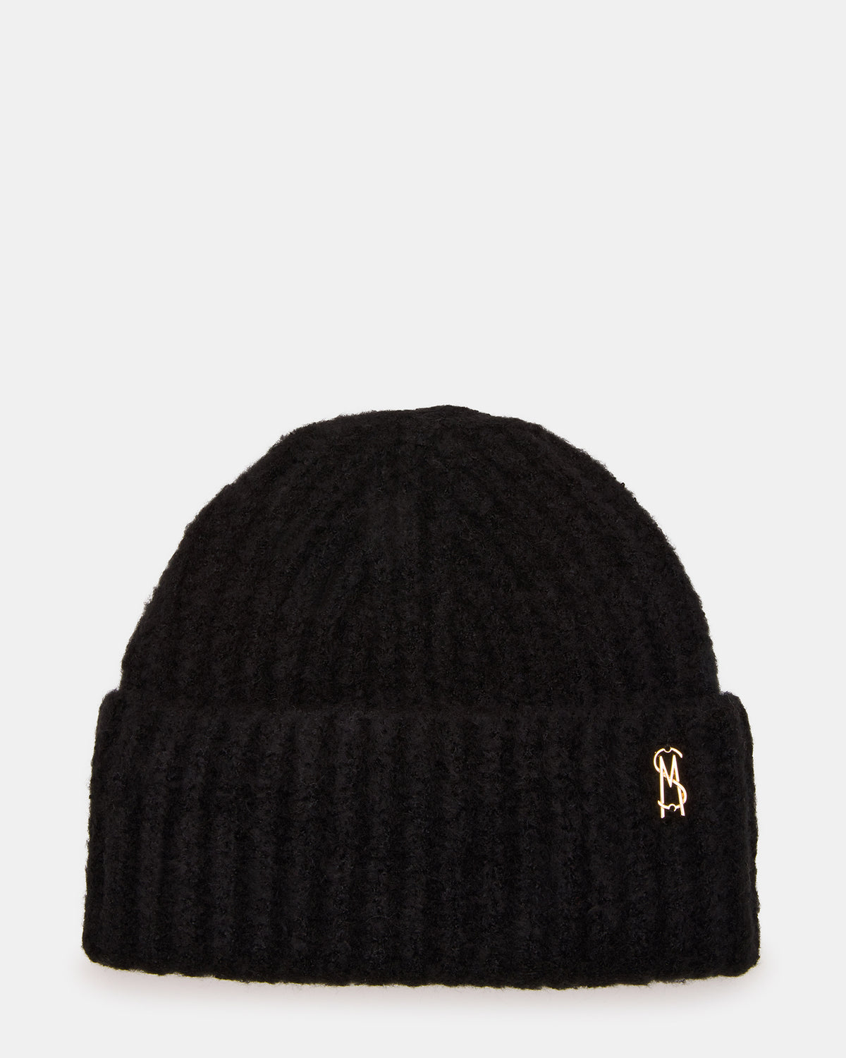 LOGO BEANIE Black Fuzzy RIbbed Knit Women's Beanie | Steve Madden outlet