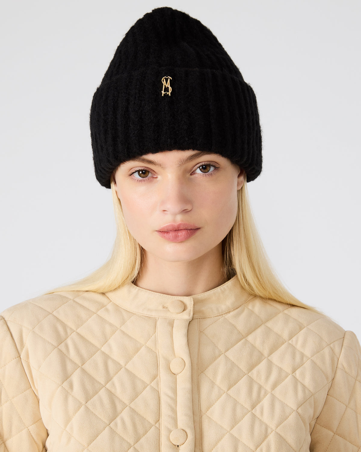 LOGO BEANIE Black Fuzzy RIbbed Knit Women's Beanie | Steve Madden outlet
