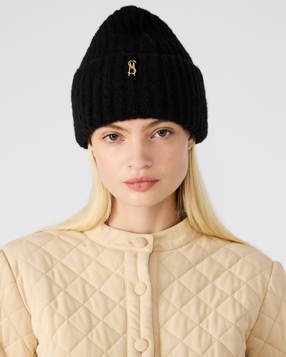 LOGO BEANIE Black Fuzzy RIbbed Knit Women's Beanie | Steve Madden outlet