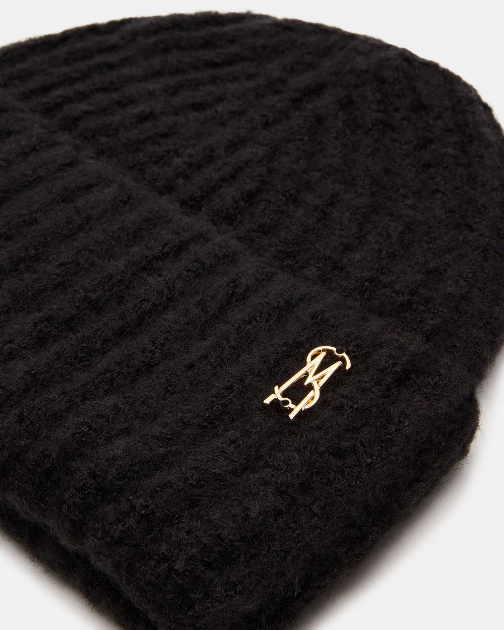 LOGO BEANIE Black Fuzzy RIbbed Knit Women's Beanie | Steve Madden outlet