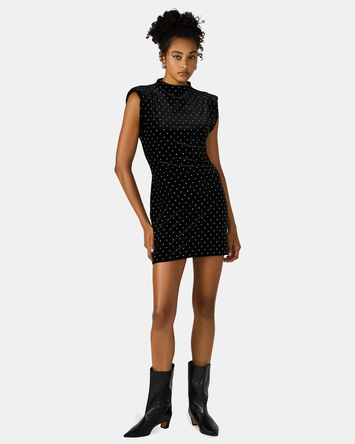 ASTORIA Black Rhinestone Embellished Velvet Shoulder Pads Bodycon Mini Women's Dress | Steve Madden for Sale