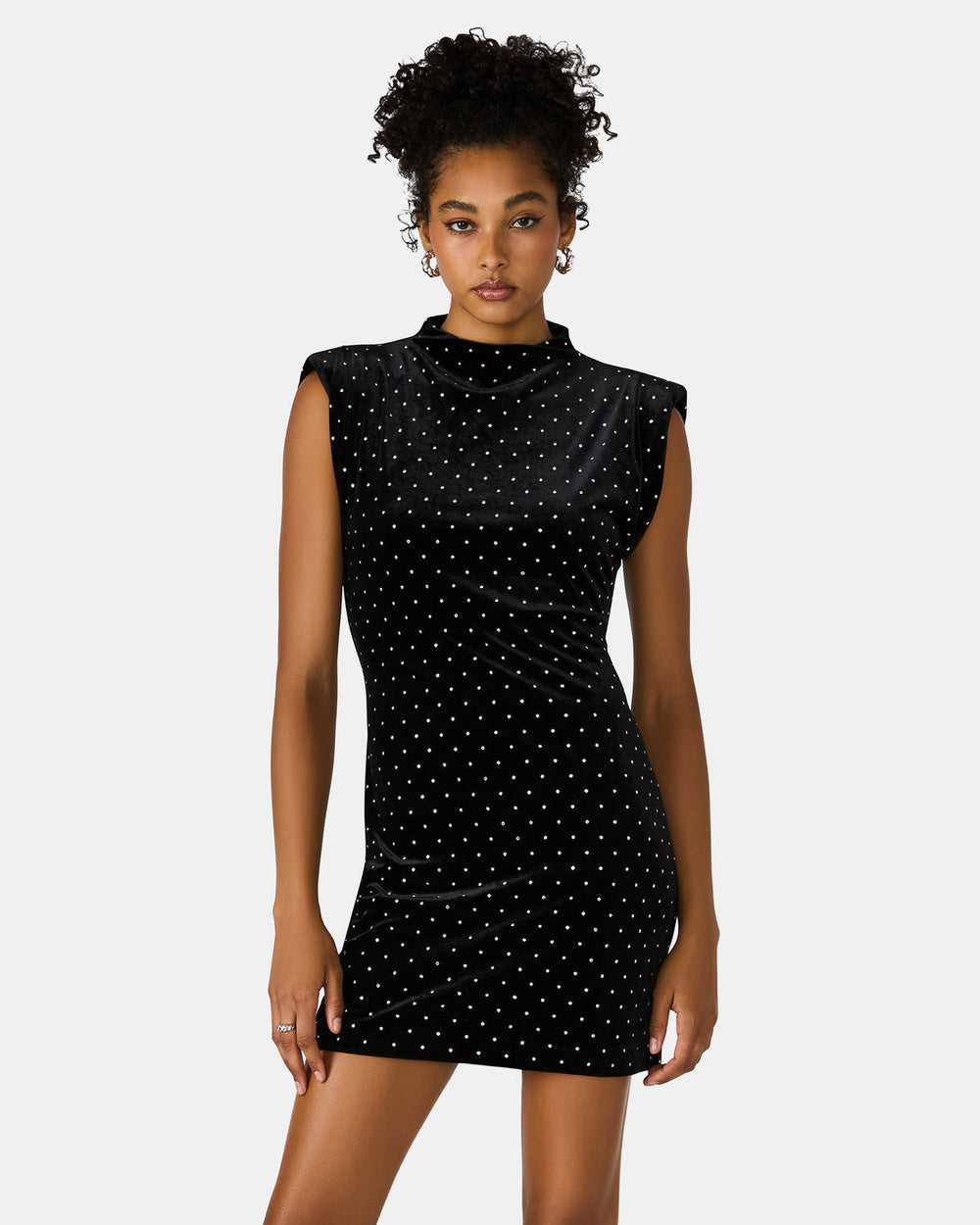 ASTORIA Black Rhinestone Embellished Velvet Shoulder Pads Bodycon Mini Women's Dress | Steve Madden for Sale