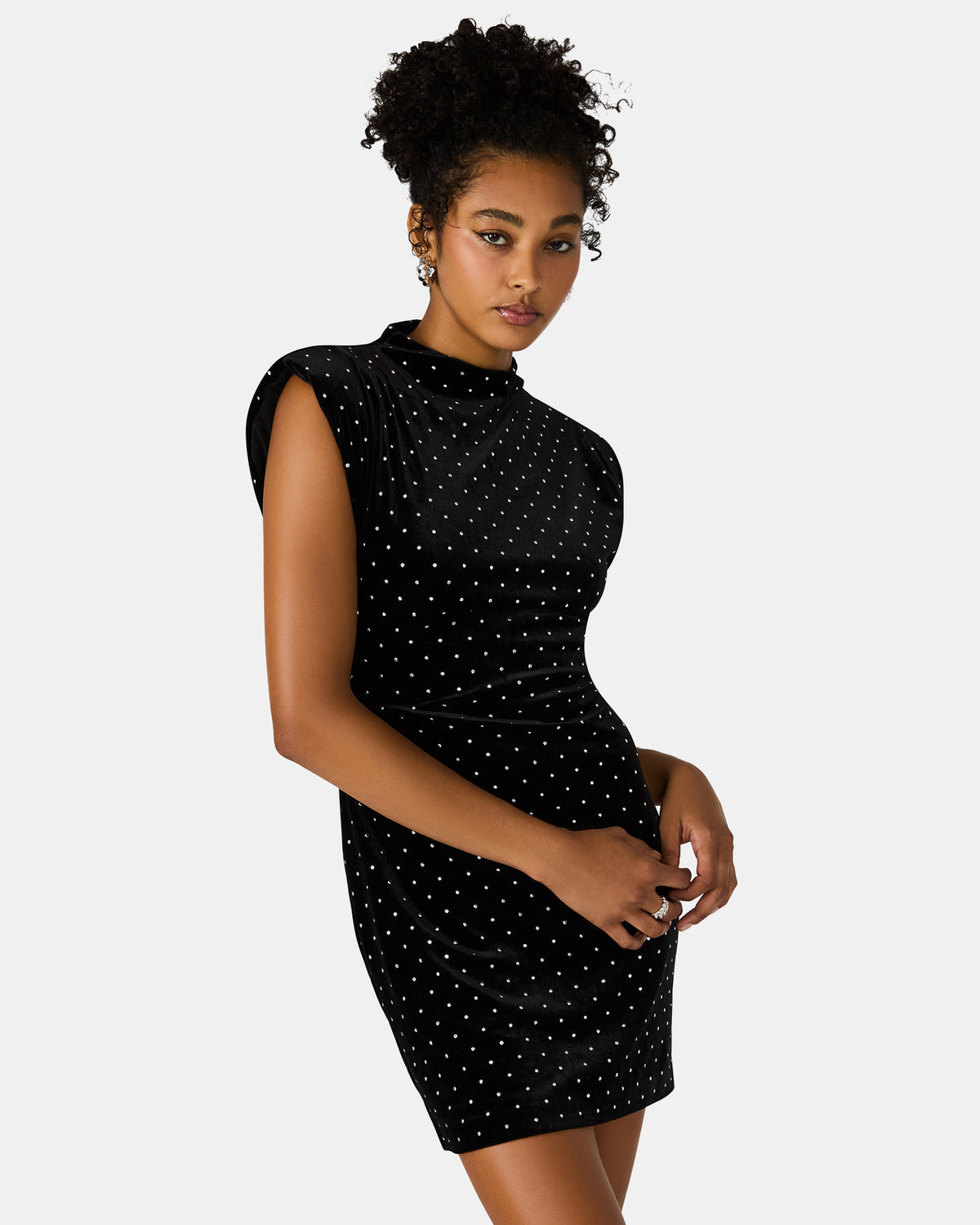 ASTORIA Black Rhinestone Embellished Velvet Shoulder Pads Bodycon Mini Women's Dress | Steve Madden for Sale