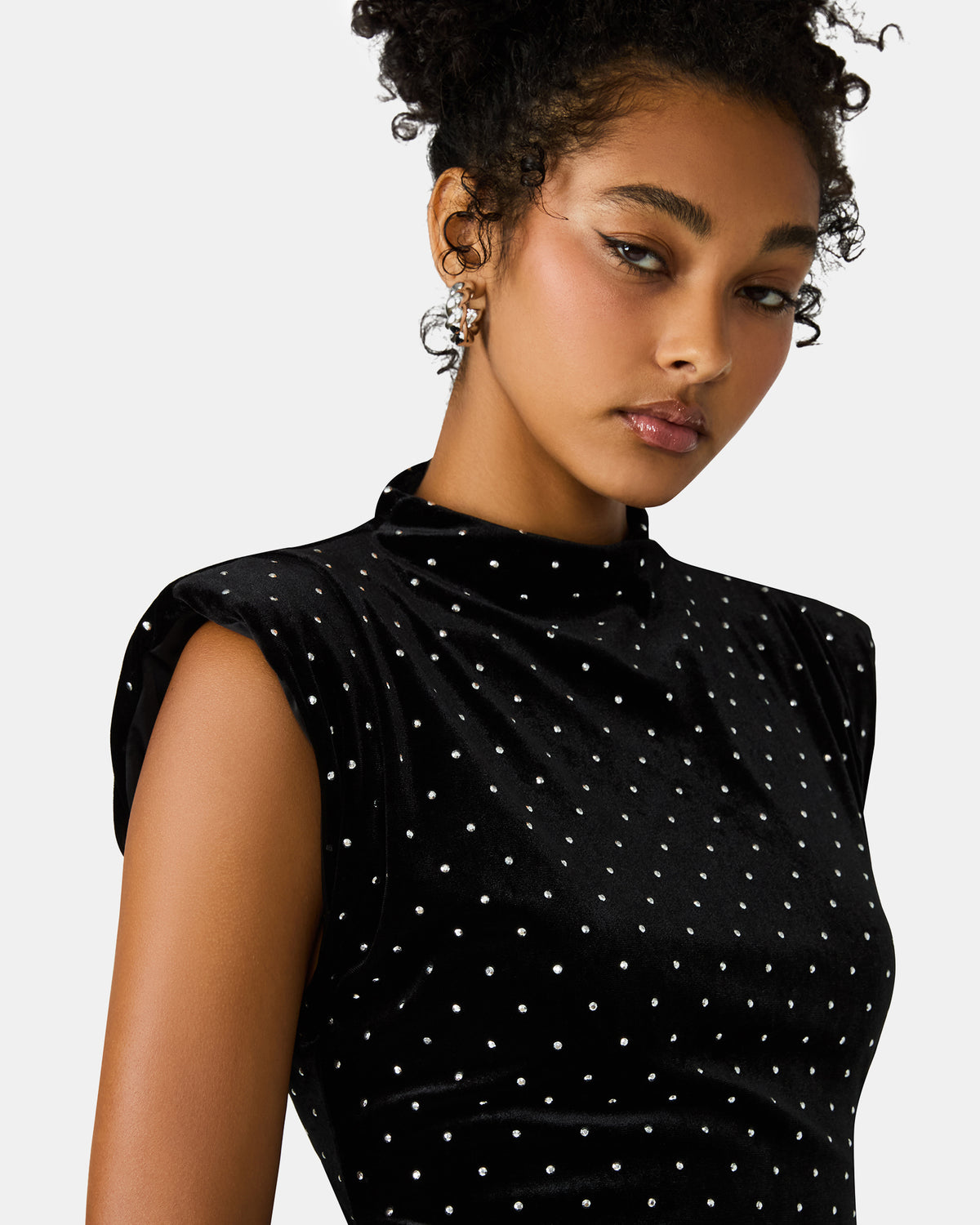 ASTORIA Black Rhinestone Embellished Velvet Shoulder Pads Bodycon Mini Women's Dress | Steve Madden for Sale