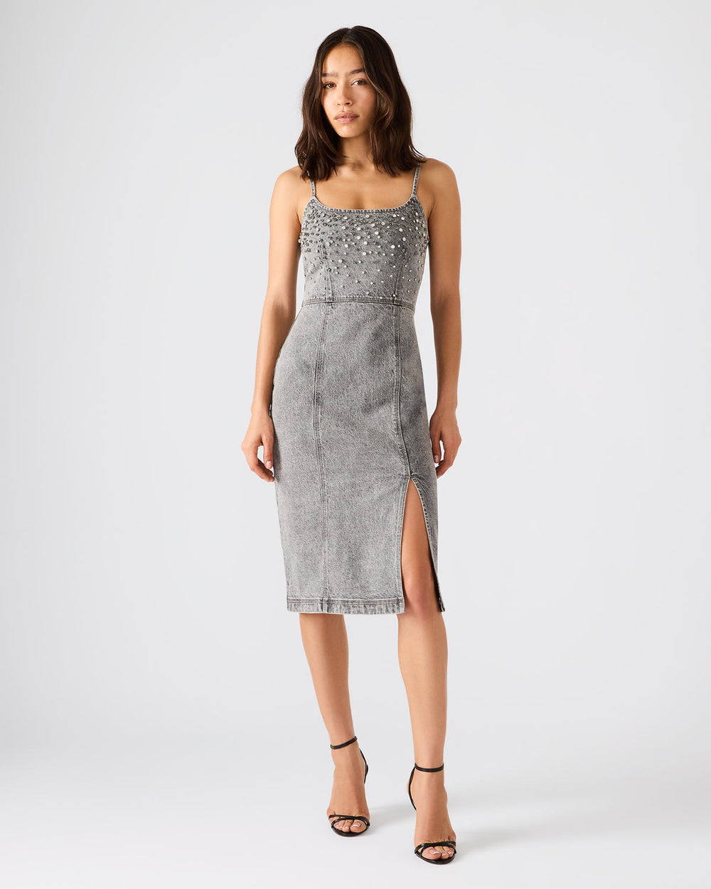 EMBELLISHED GISELLE Fog Denim Midi Women's Dress with Slit | Steve Madden on Sale