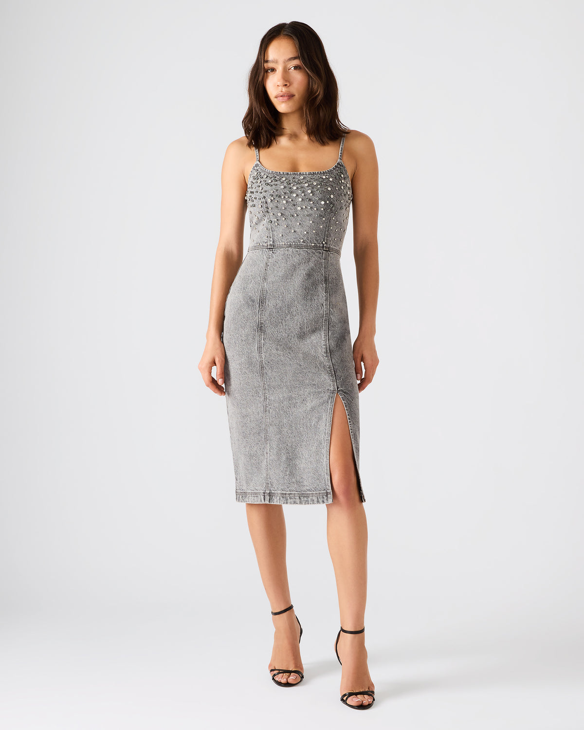 EMBELLISHED GISELLE Fog Denim Midi Women's Dress with Slit | Steve Madden on Sale