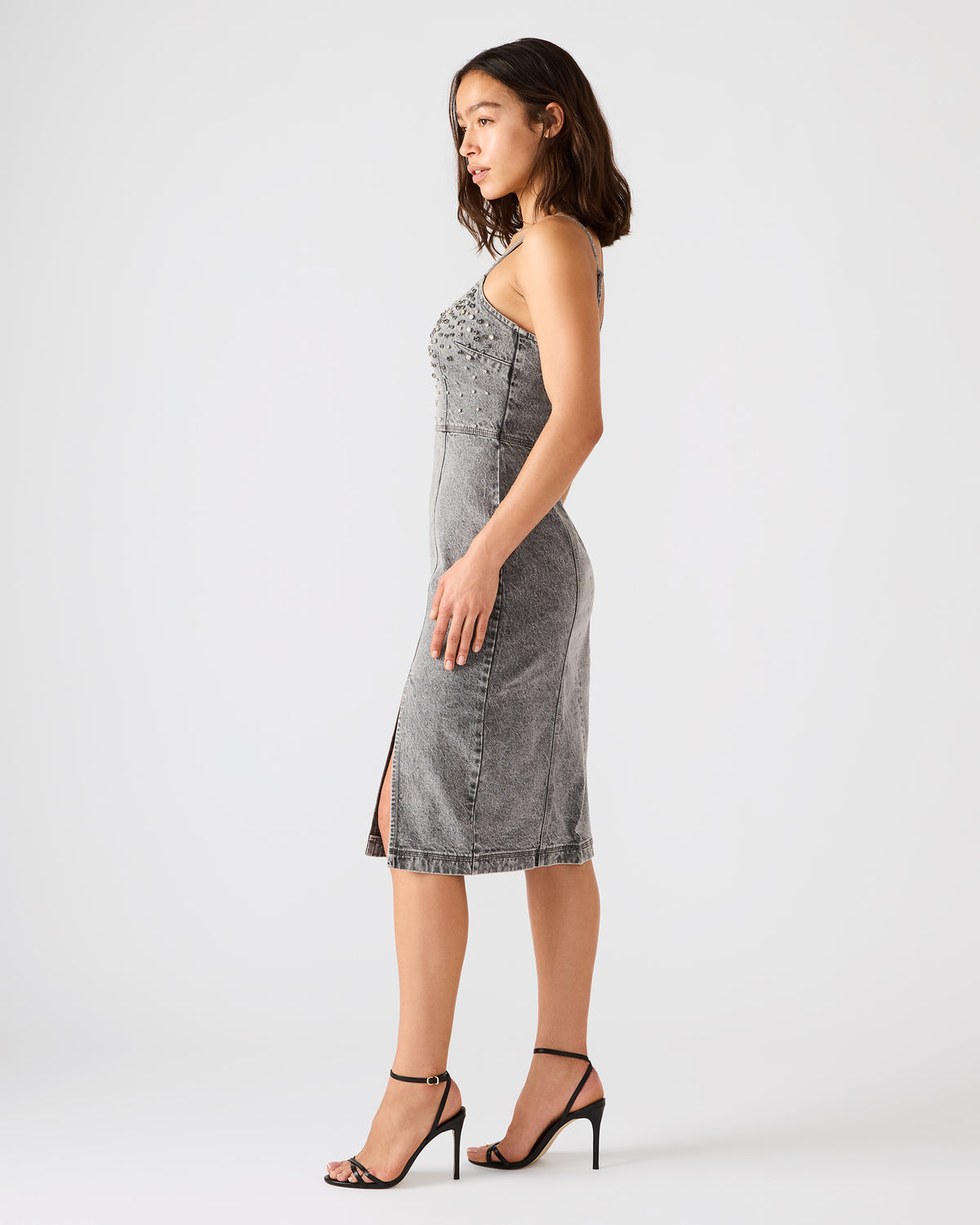 EMBELLISHED GISELLE Fog Denim Midi Women's Dress with Slit | Steve Madden on Sale