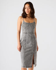 EMBELLISHED GISELLE Fog Denim Midi Women's Dress with Slit | Steve Madden on Sale