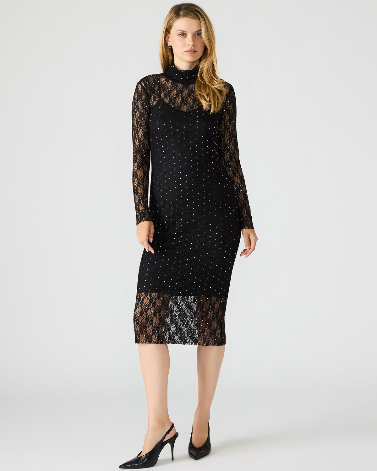 VIVIENNE Black Studded Lace Women's Mock Neck Midi Dress | Steve Madden discount