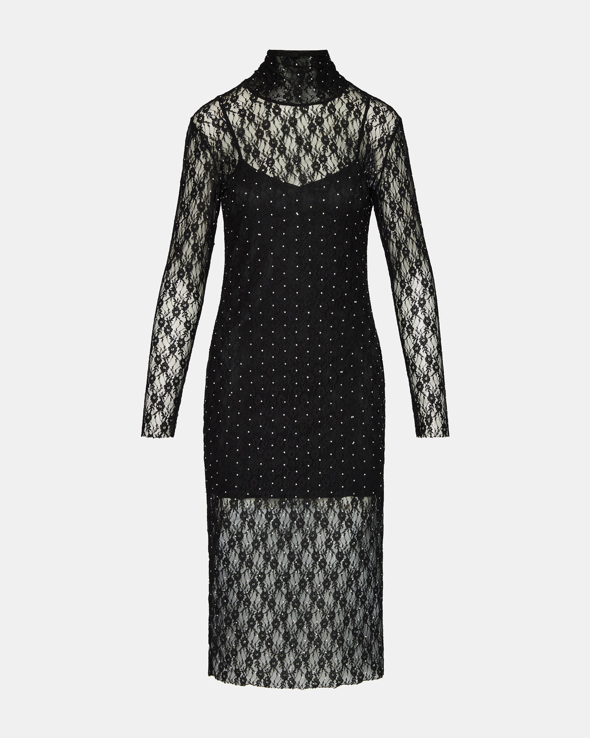 VIVIENNE Black Studded Lace Women's Mock Neck Midi Dress | Steve Madden discount