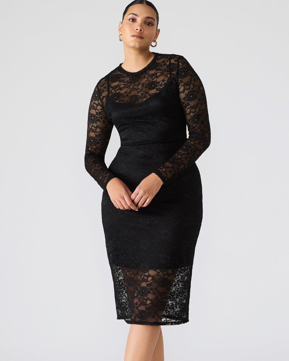HAILEE Lace Black Long-Sleeved Mesh Pull-On Mock Neck Midi Women's Dress | Steve Madden US