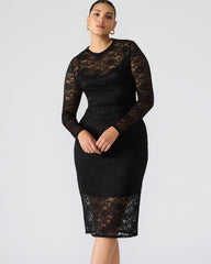 HAILEE Lace Black Long-Sleeved Mesh Pull-On Mock Neck Midi Women's Dress | Steve Madden US