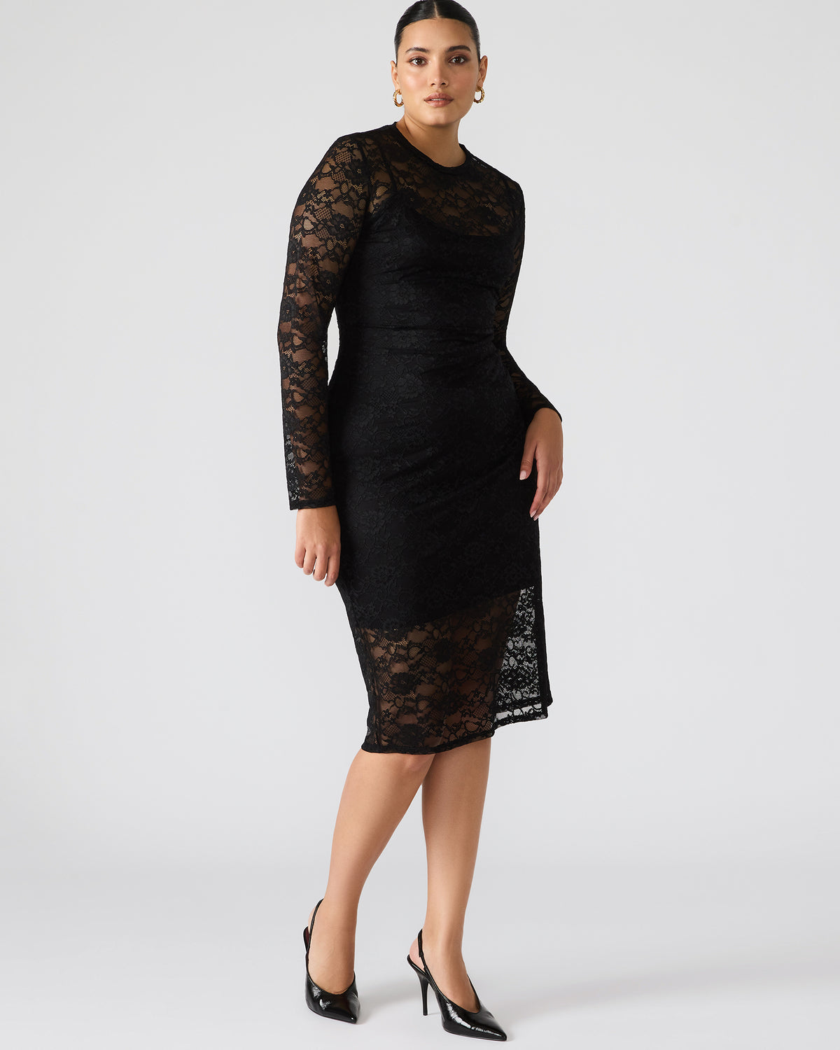 HAILEE Lace Black Long-Sleeved Mesh Pull-On Mock Neck Midi Women's Dress | Steve Madden US