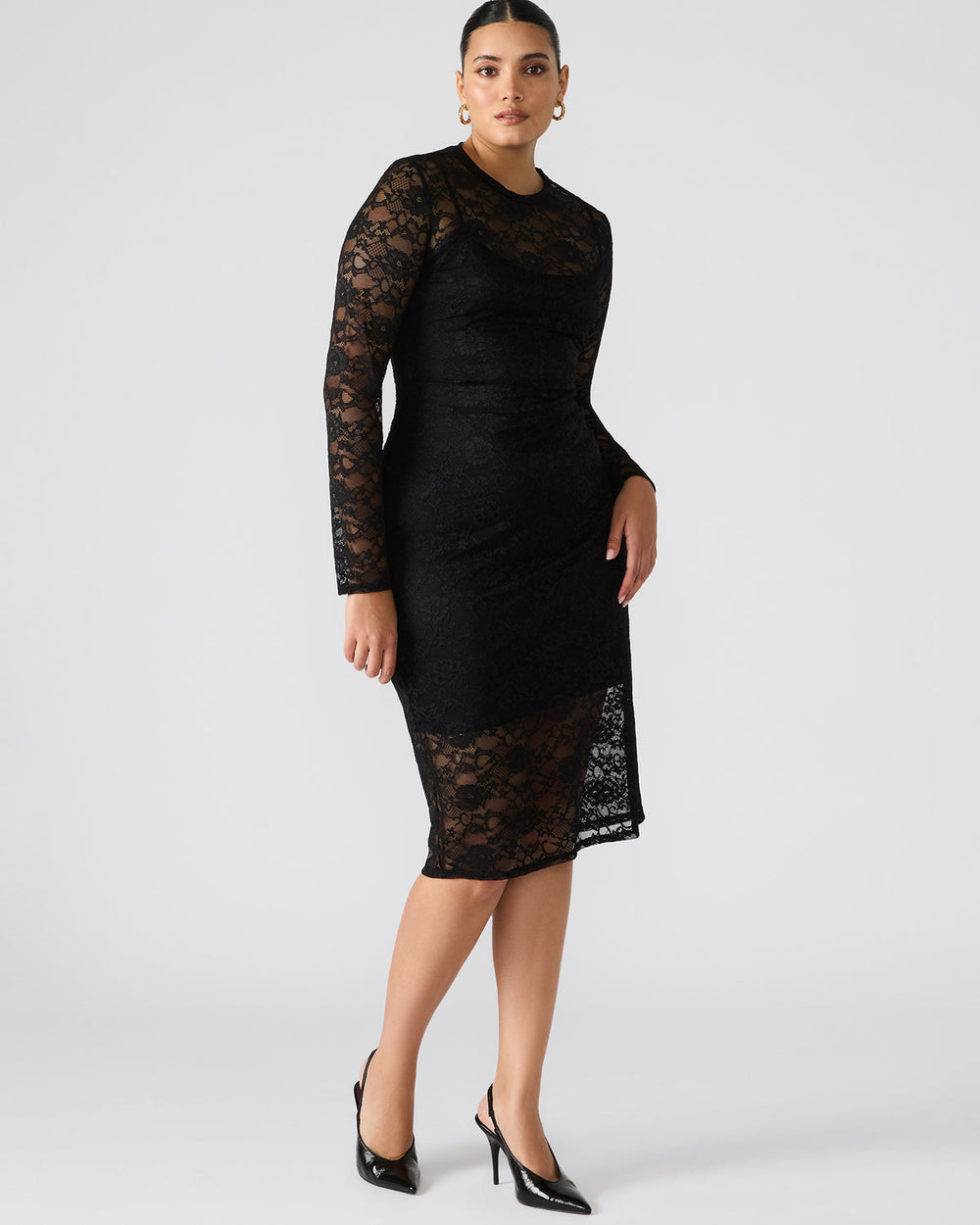 HAILEE Lace Black Long-Sleeved Mesh Pull-On Mock Neck Midi Women's Dress | Steve Madden US