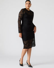 HAILEE Lace Black Long-Sleeved Mesh Pull-On Mock Neck Midi Women's Dress | Steve Madden US