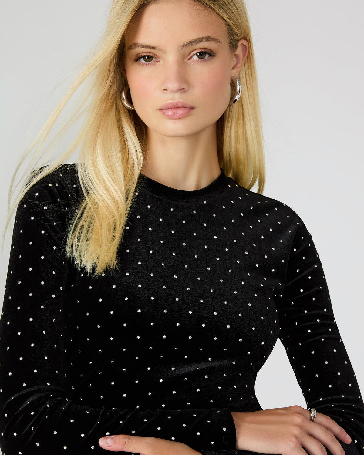 HAILEE Black Studded Velvet Long-Sleeved Pull-On Mock Neck Midi Women's Dress | Steve Madden Sale