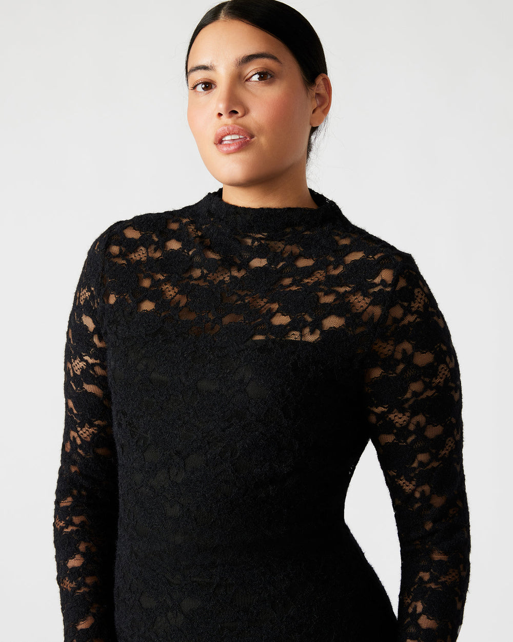 VIVIENNE Black Lace Women's Mock Neck Midi Dress | Steve Madden on Sale