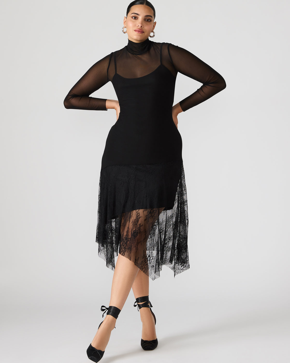 SILAS Black Long-Sleeved Mesh Lace Overylay Flowy Women's Dress | Steve Madden near me