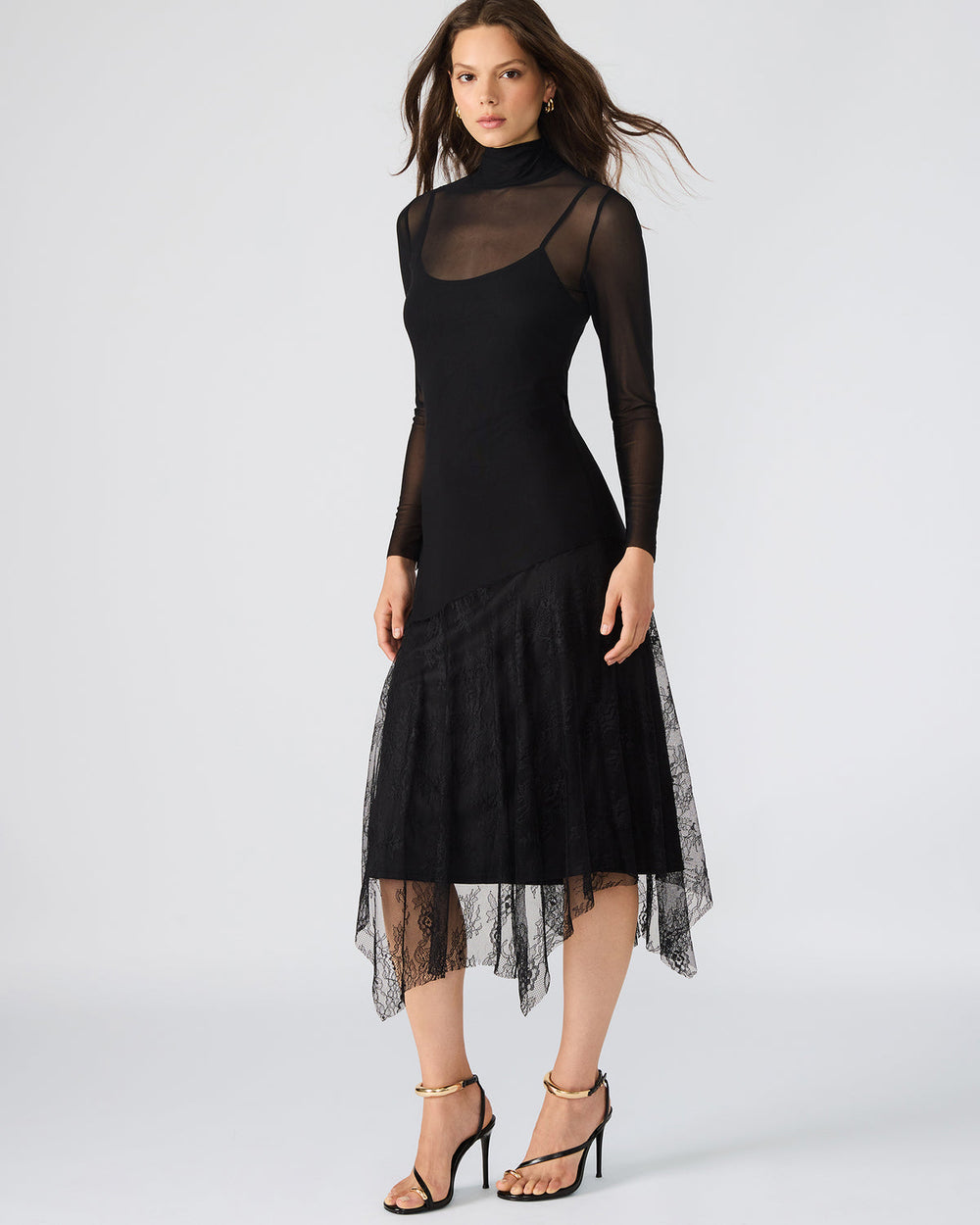 SILAS Black Long-Sleeved Mesh Lace Overylay Flowy Women's Dress | Steve Madden near me