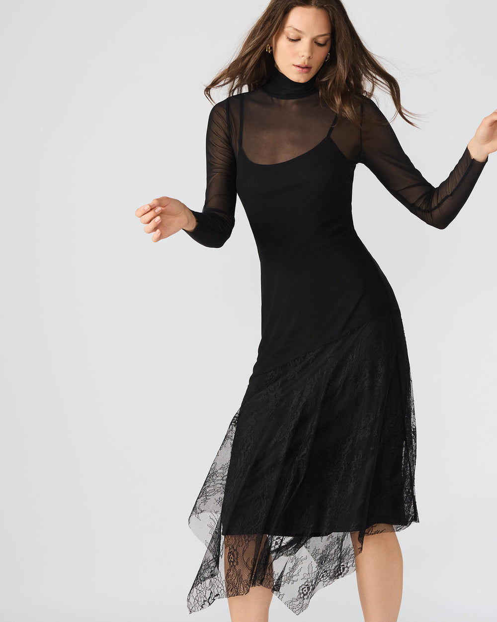 SILAS Black Long-Sleeved Mesh Lace Overylay Flowy Women's Dress | Steve Madden near me