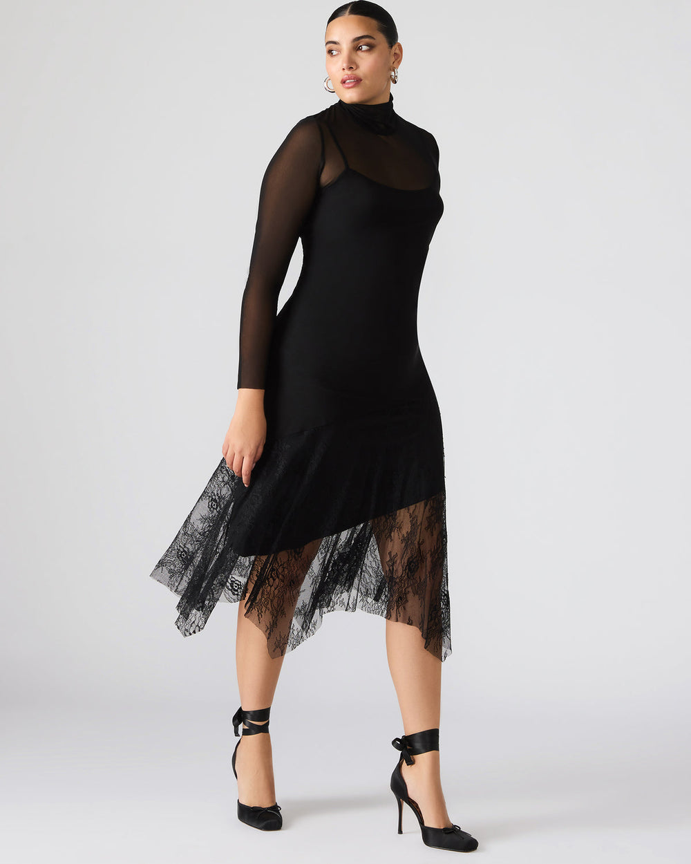 SILAS Black Long-Sleeved Mesh Lace Overylay Flowy Women's Dress | Steve Madden near me