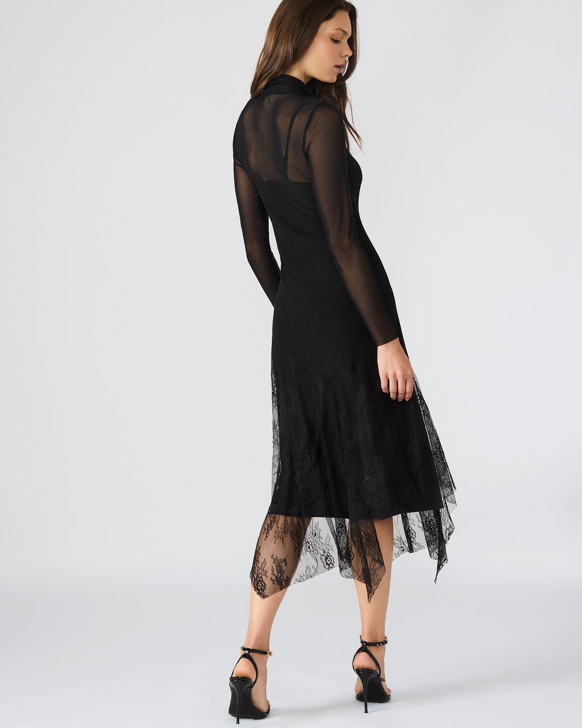 SILAS Black Long-Sleeved Mesh Lace Overylay Flowy Women's Dress | Steve Madden near me
