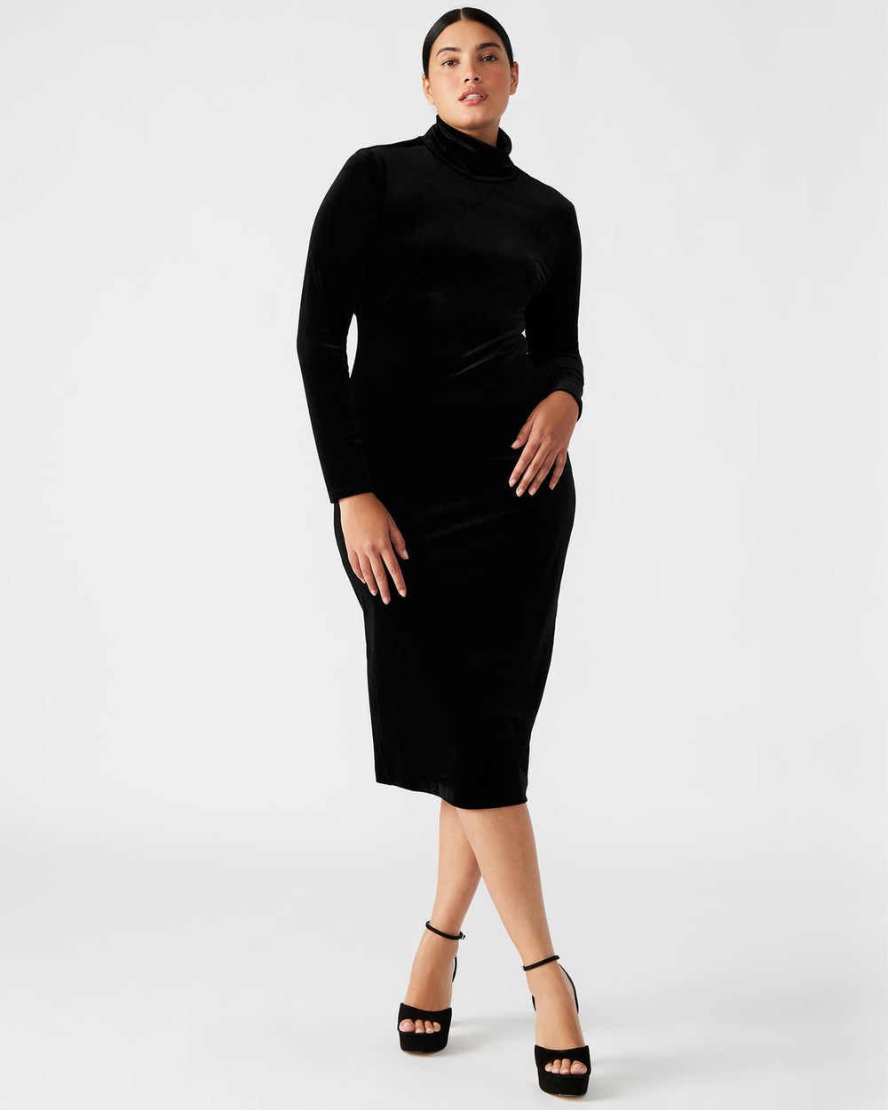SKYLER Dress Black | Women's Long-Sleeved Turtleneck Velvet Dress | Steve Madden discount