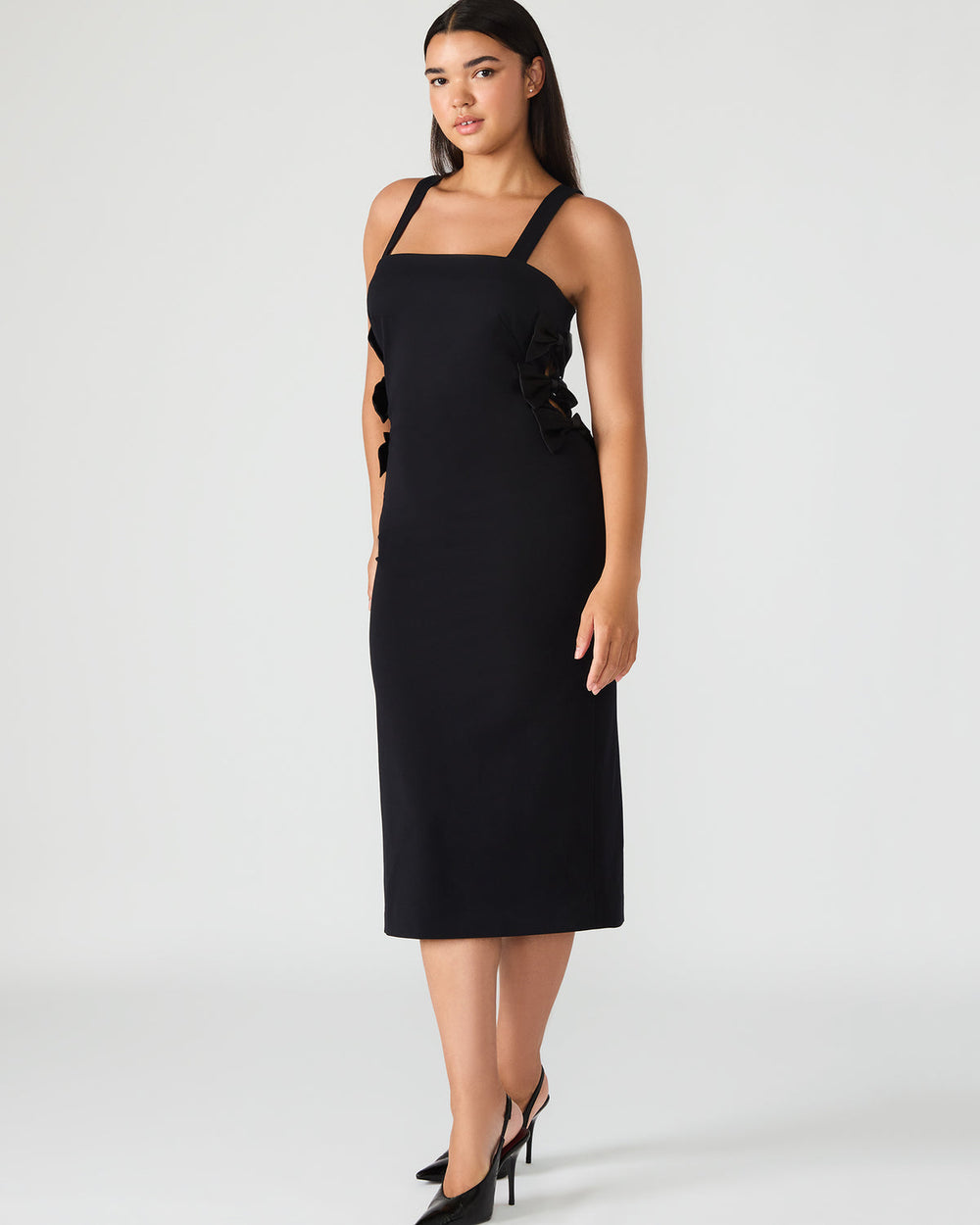 RENE Black Form-Fitting Bow Women's Midi Dress | Steve Madden for Sale